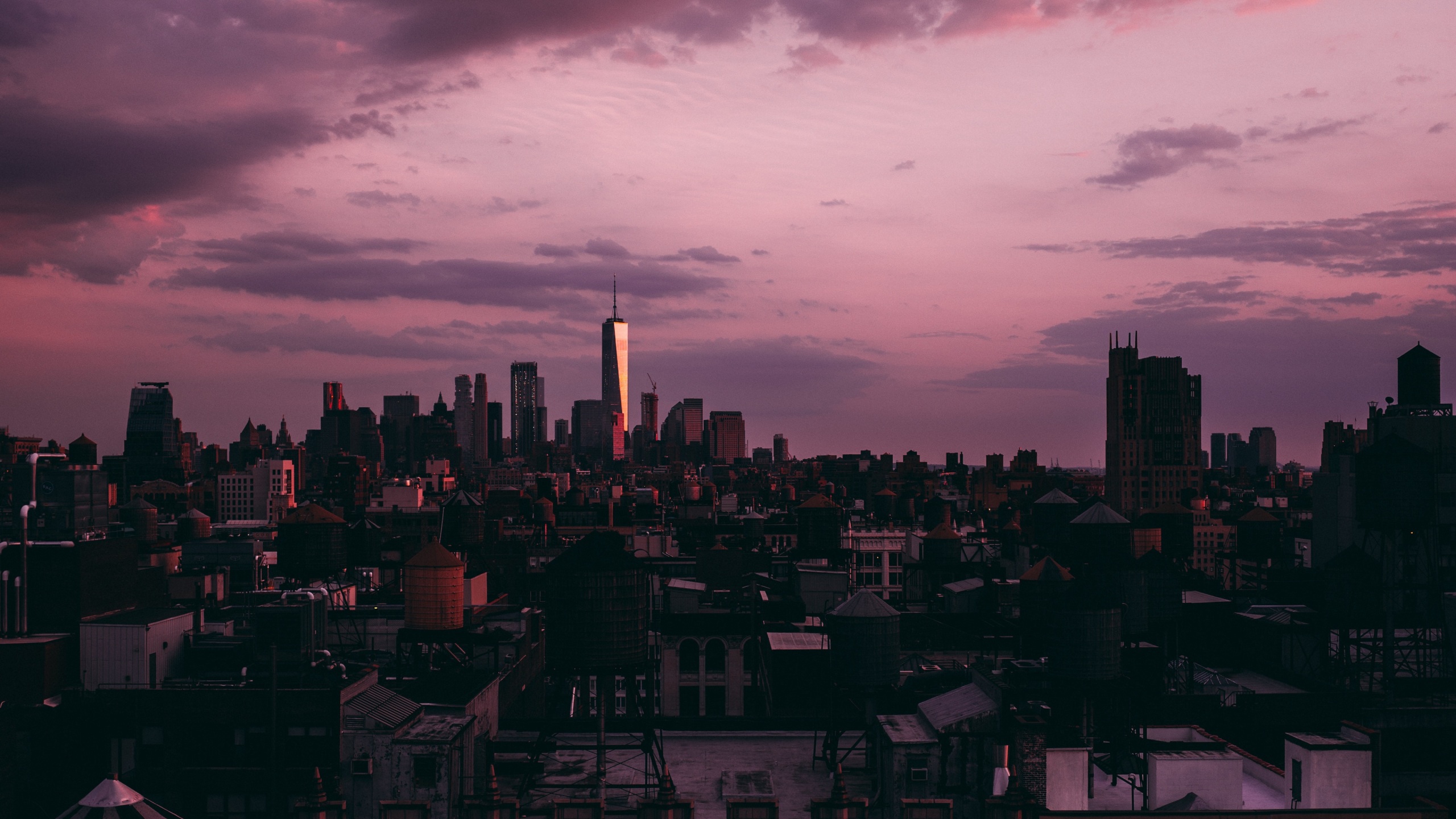 new york, skyscrapers, sunset, clouds, usa 4k Wallpaper 4K