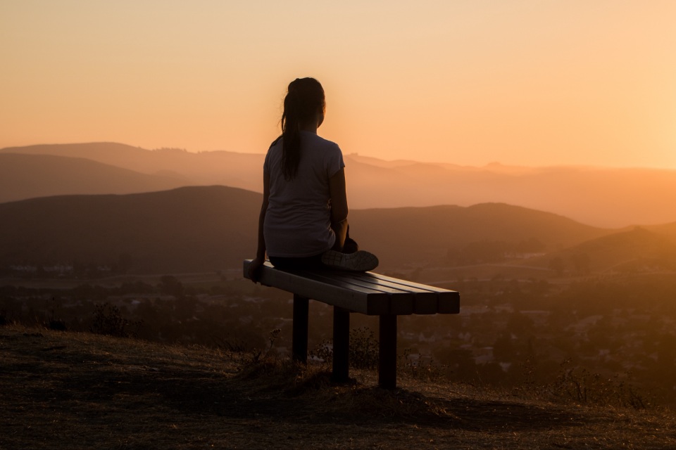 Wallpaper 4k bench, alone, solitude, sunset, mountains, girl 4k Wallpaper