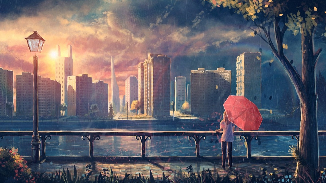Anime Girl Cityscape Umbrella Trees 4k Wallpaper 4K