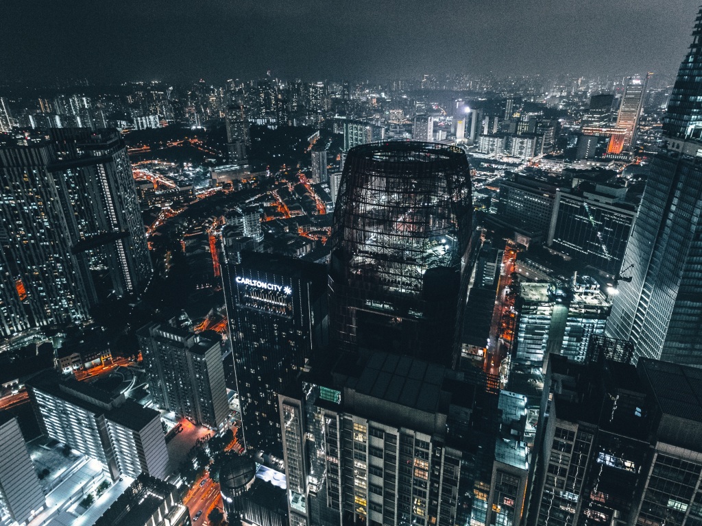 skyscrapers, night, top view, city lights, metropolis 4k Wallpaper 4K