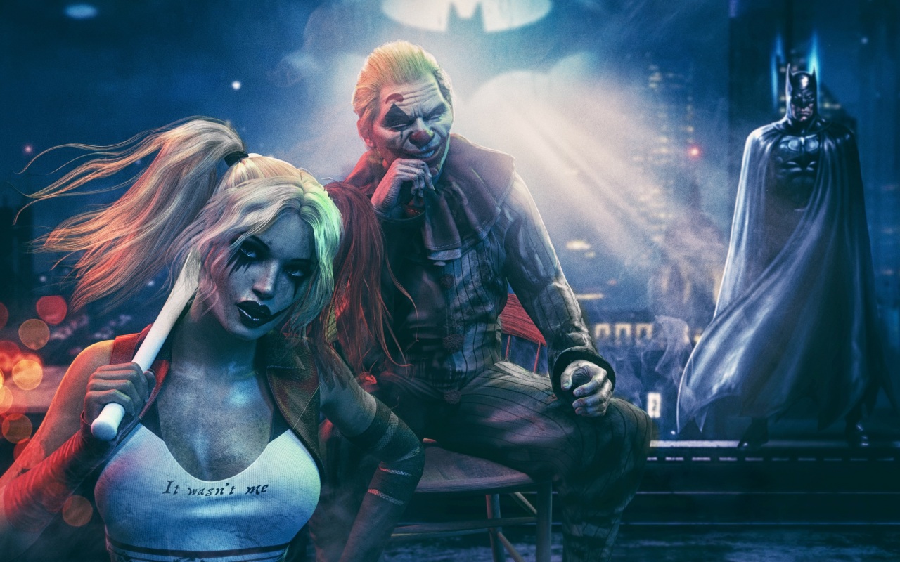 Joker With Harley Quinn And Batman Wallpaper 4K