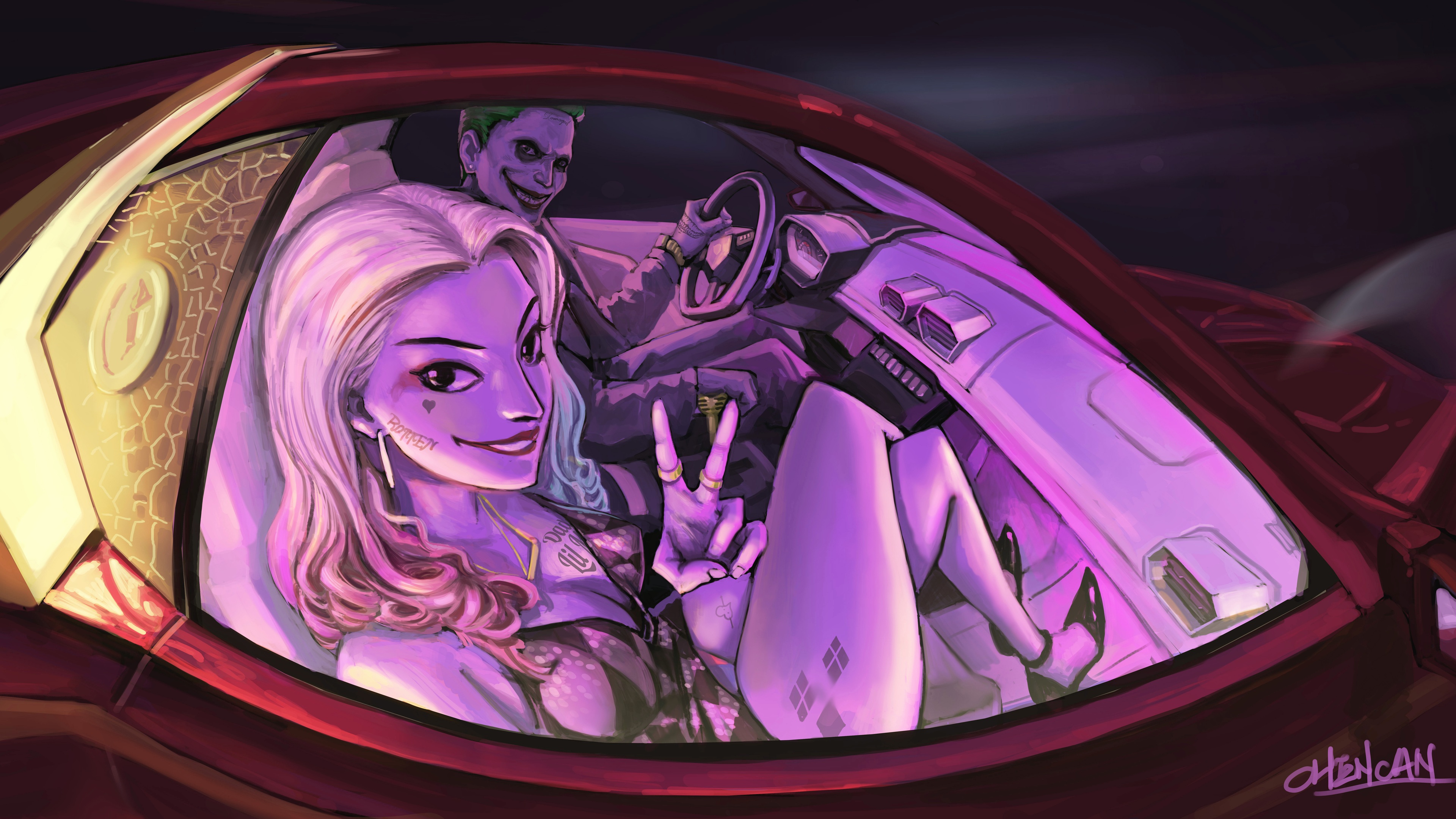 Wallpaper 4k Joker And Harley Quinn In The Car Artwork 4k Wallpaper