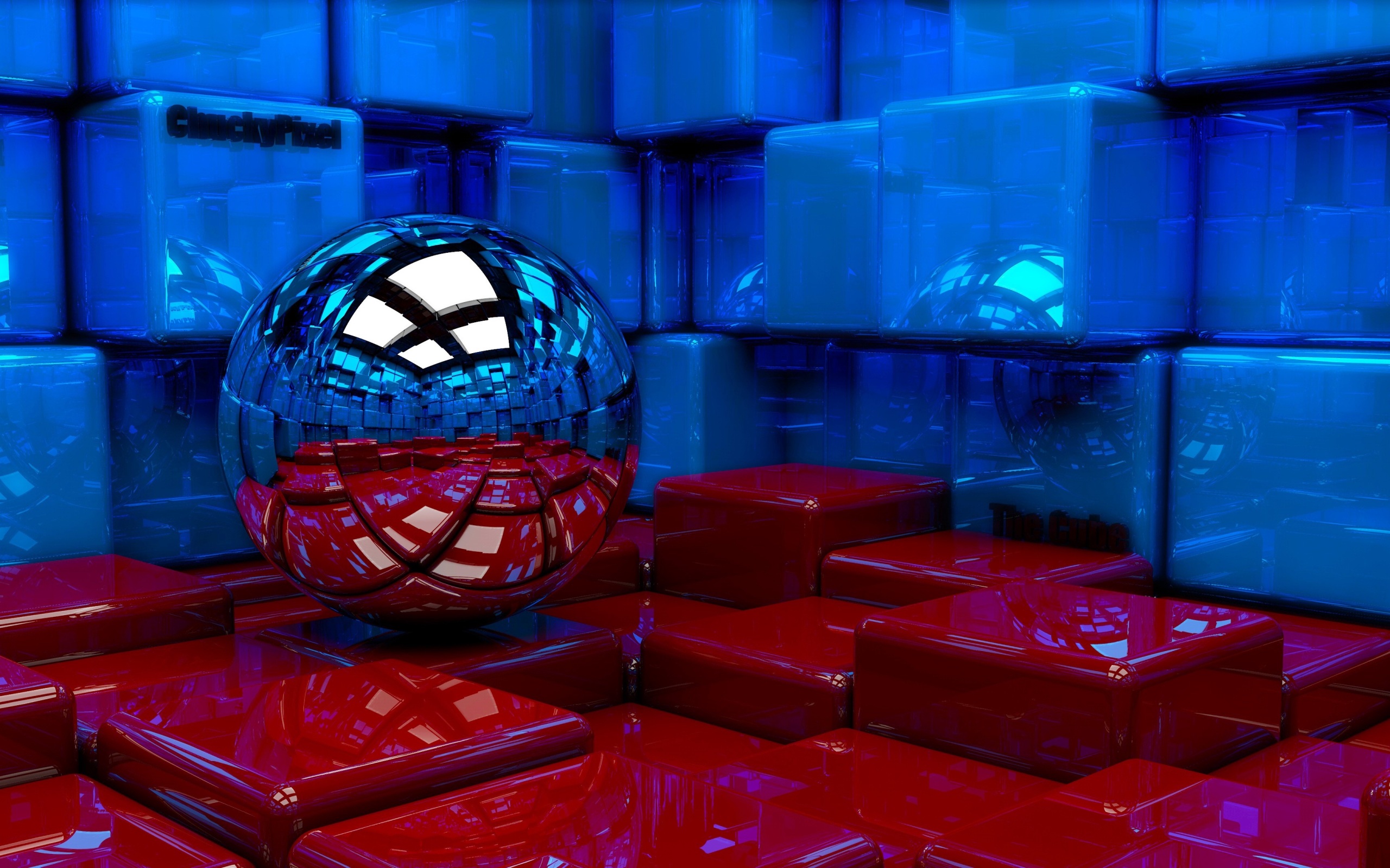 Wallpaper 4k ball, cubes, metal, blue, red, reflection 4k Wallpaper