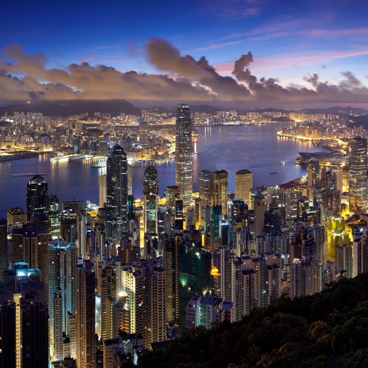 city, hong kong, night, clouds, lights 4k Wallpaper 4K