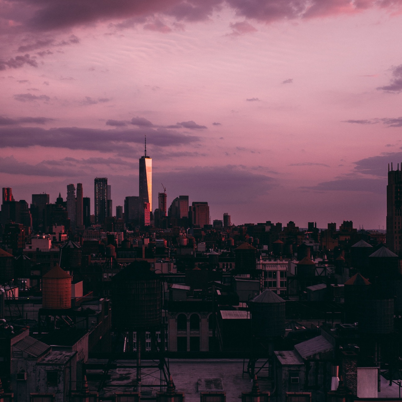 new york, skyscrapers, sunset, clouds, usa 4k Wallpaper 4K