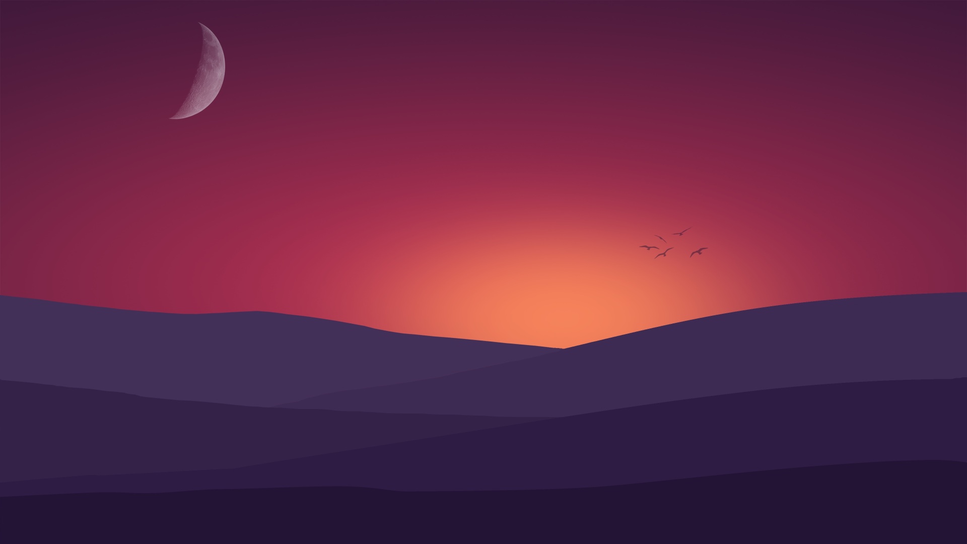 Birds Flying Towards Sunset Landscape Minimalist 4k Wallpaper 4K