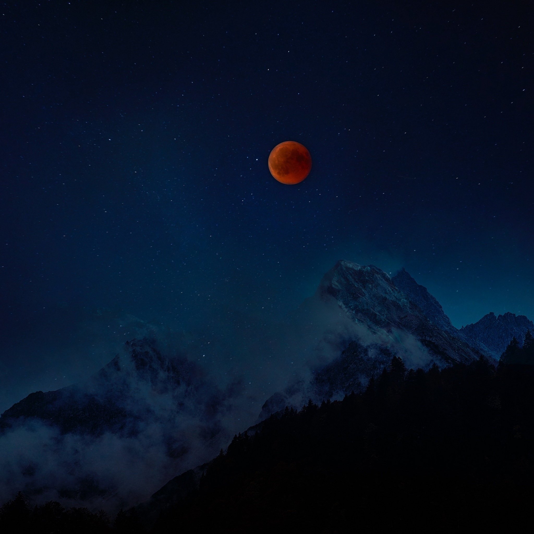 Wallpaper 4k full moon, red moon, starry sky, mountains, night 4k Wallpaper
