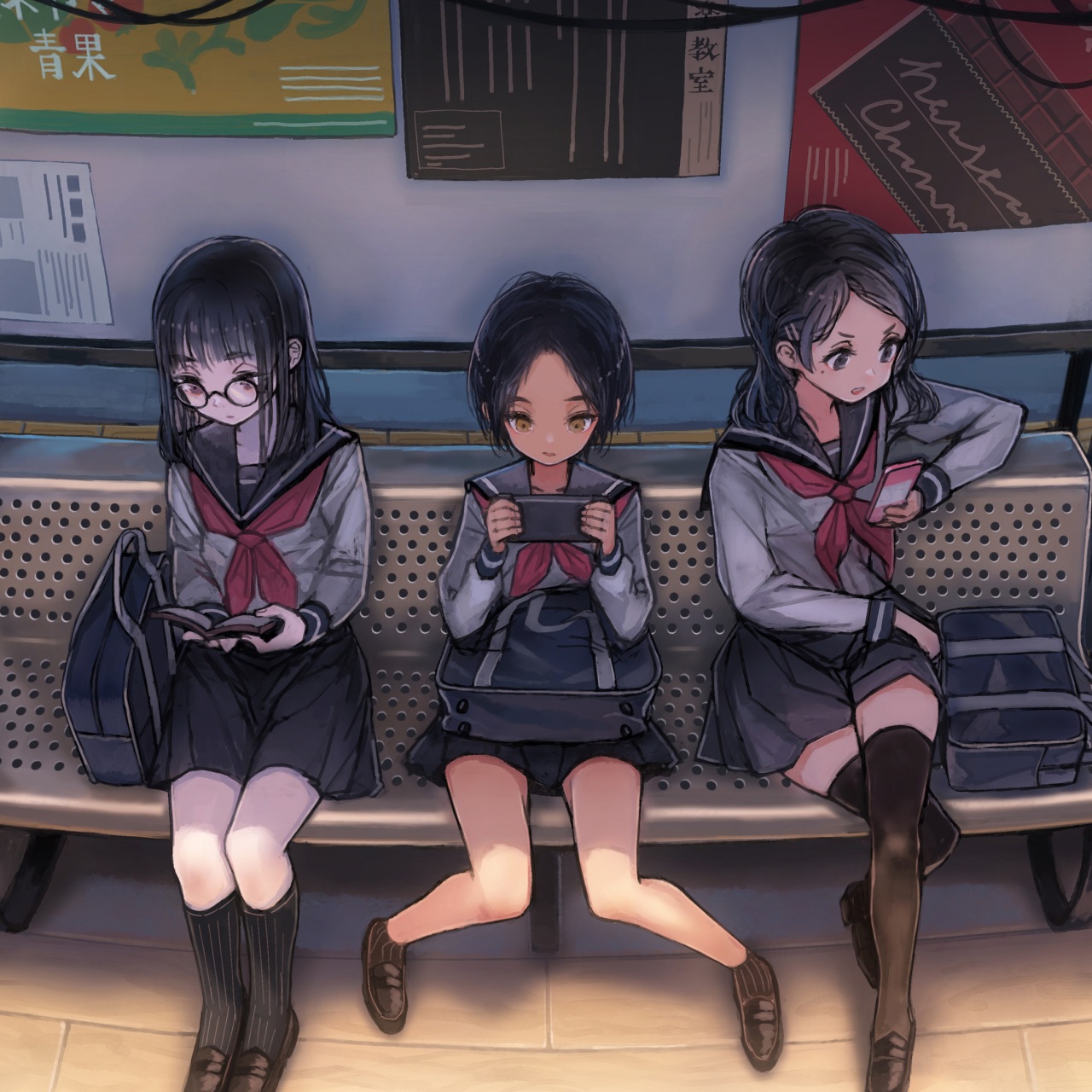 Wallpaper 4k Anime Schoool Girls On Phones Waiting For Bus 4k Wallpaper
