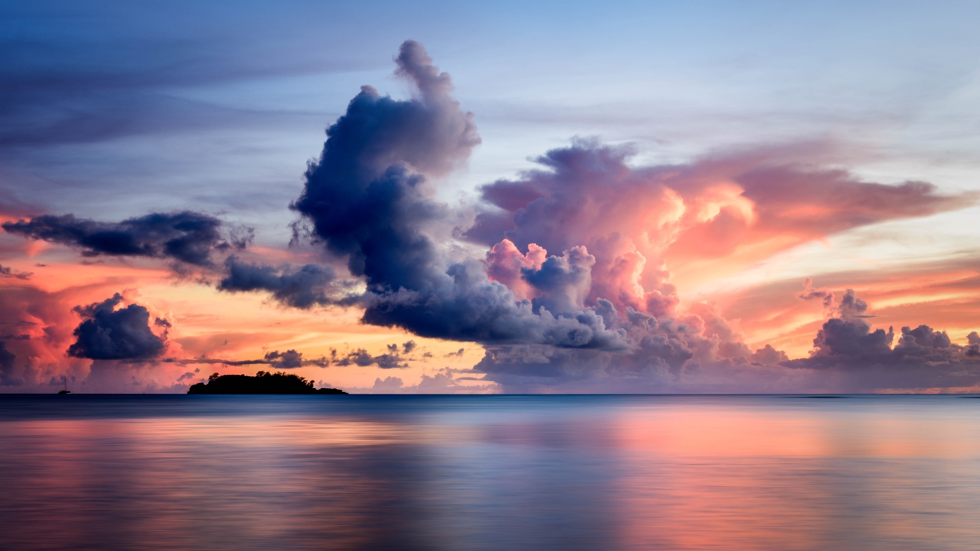 Wallpaper 4k sea, clouds, horizon, island, sky, sunset 4k Wallpaper