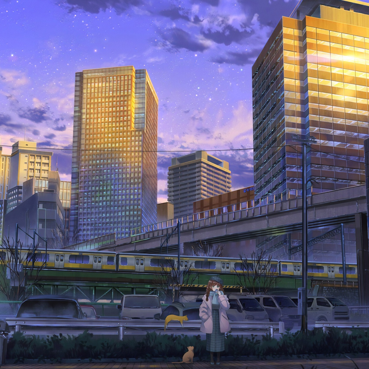 Anime Girl Cityscape Cats Wallpaper 4K