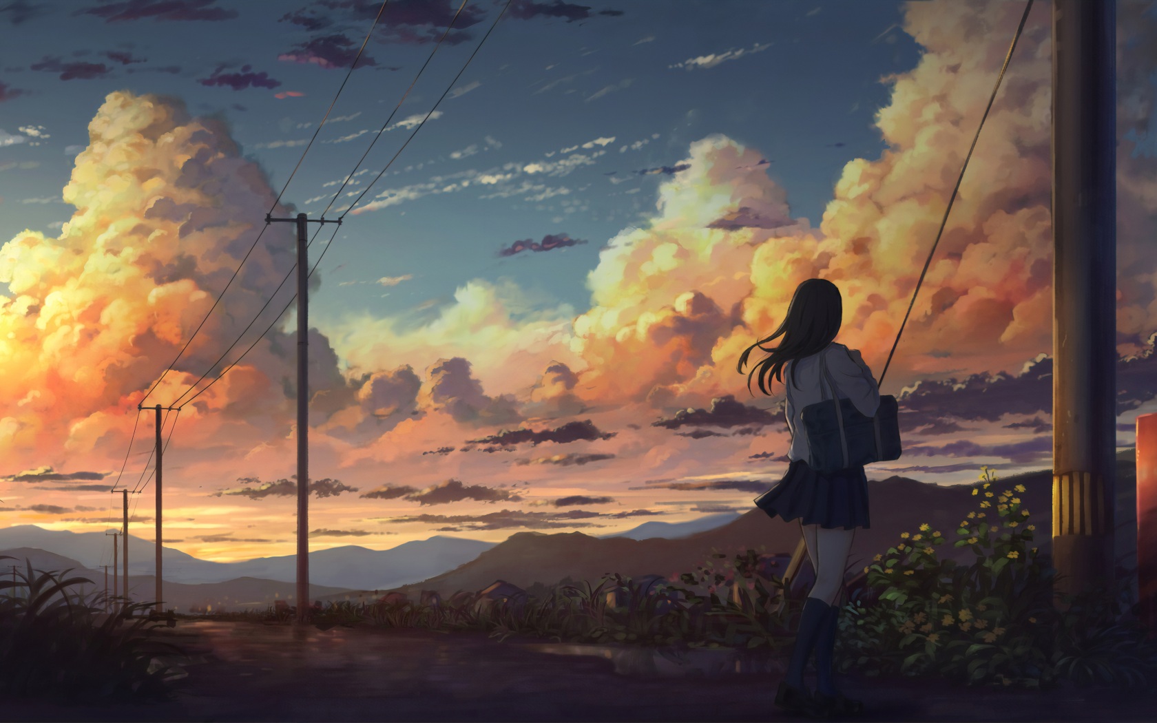 Wallpaper 4k Anime Girl Outside Power Lines Clouds Wallpaper