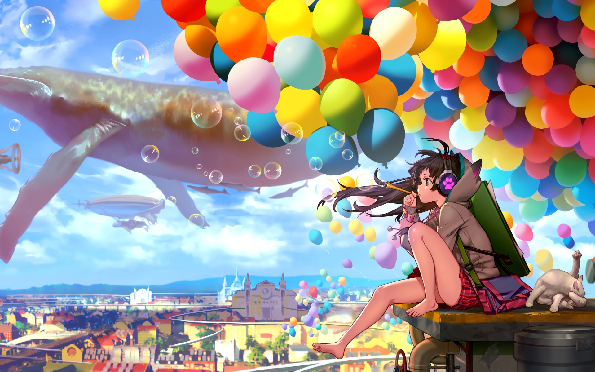 Wallpaper 4k Colorful City Anime Girl Blowing Bubbles Wallpaper