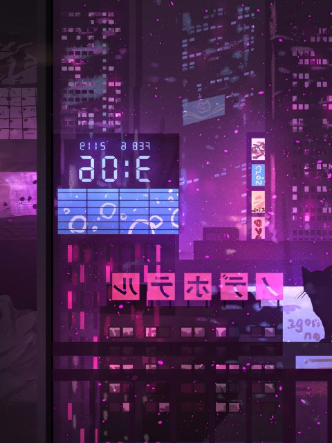 Neon Night Anime Girl Cat Wallpaper 4K