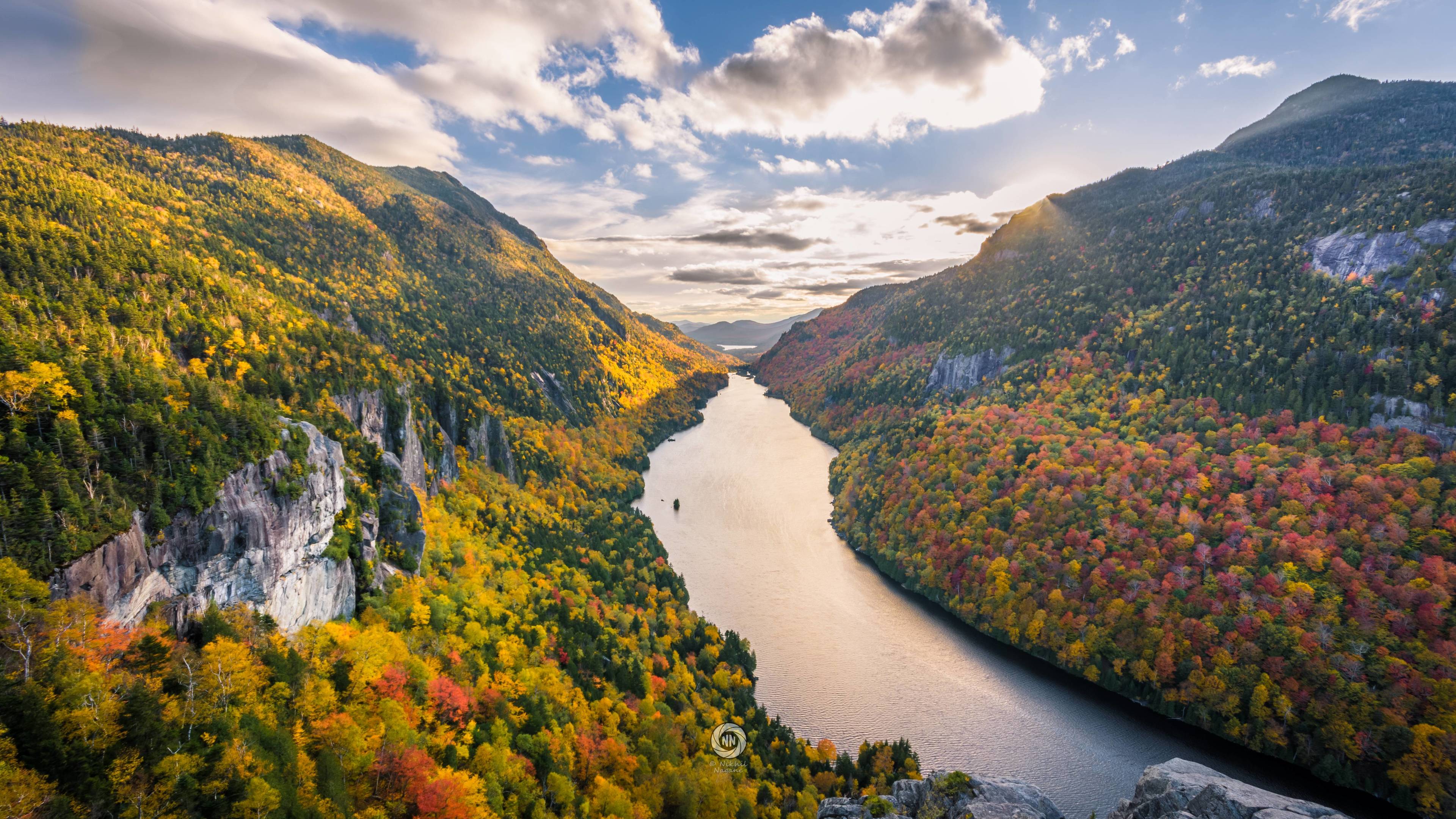 Forest with river and mountains 2K wallpaper download