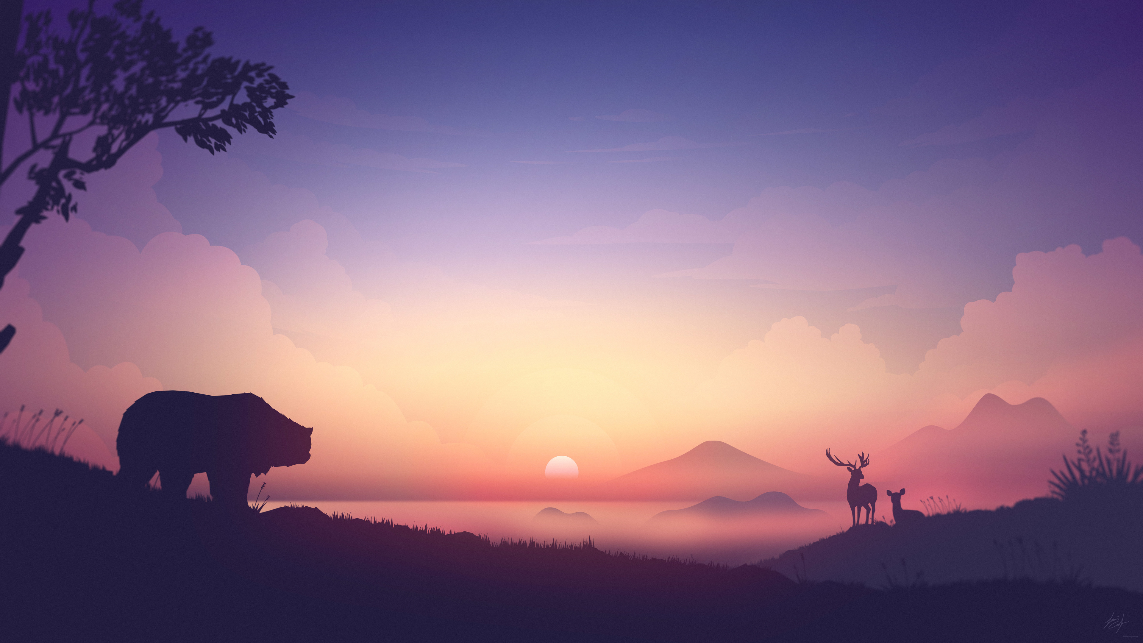 Bear Deer Mountains Sunrise Minimalism Artwork 4k Mountains Wallpapers