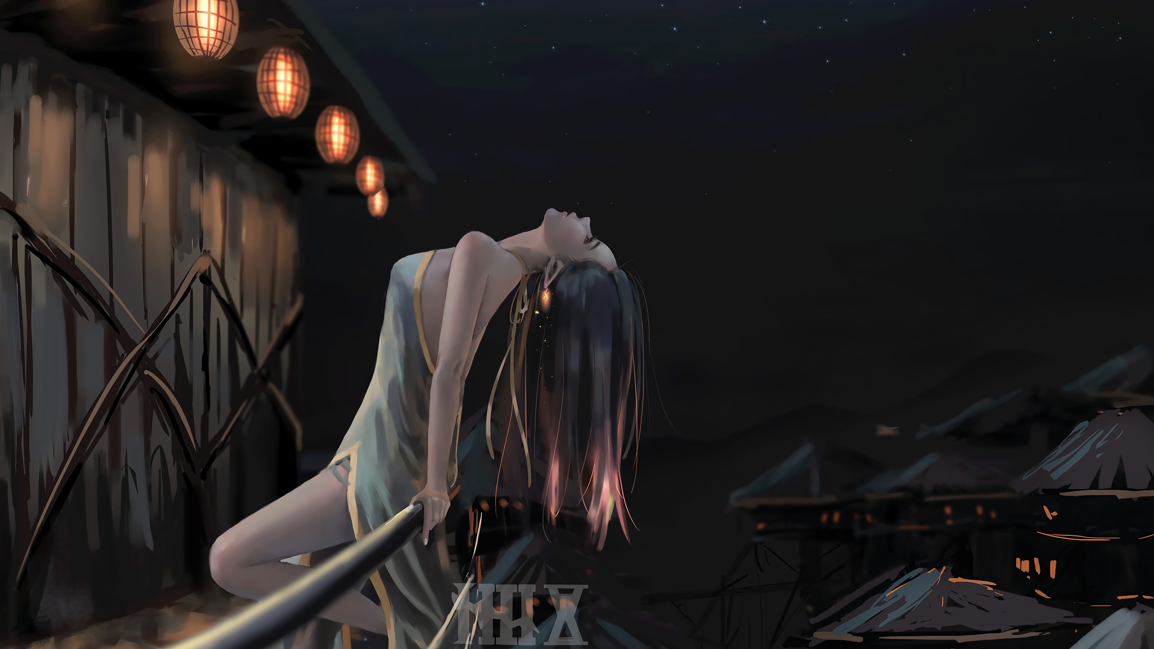 8K Anime School Girl Night Moon Lake Scenery Wallpaper 2800g
