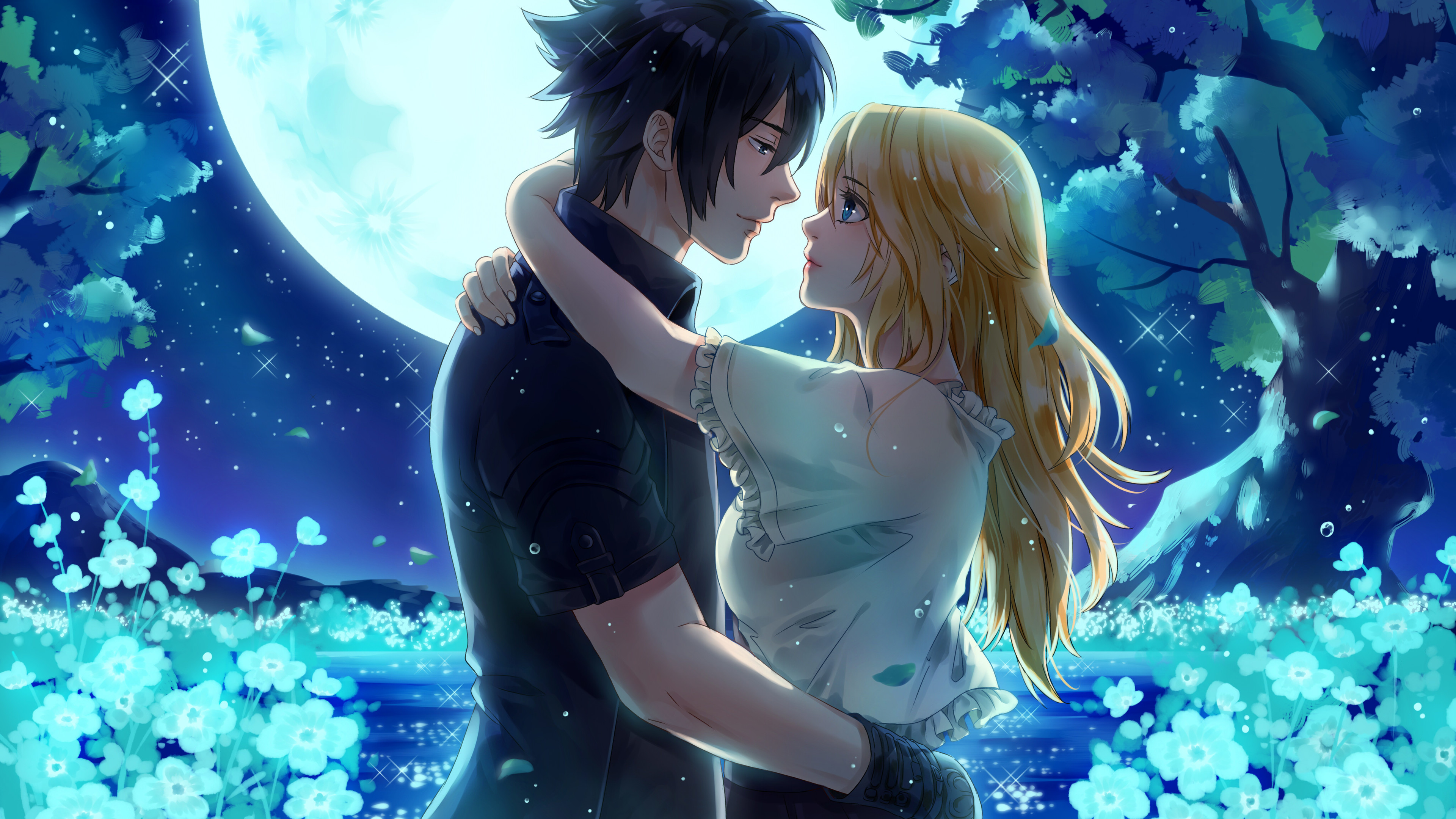 Noctis And Stella From Final Fantasy XV Under The Moon 4k  