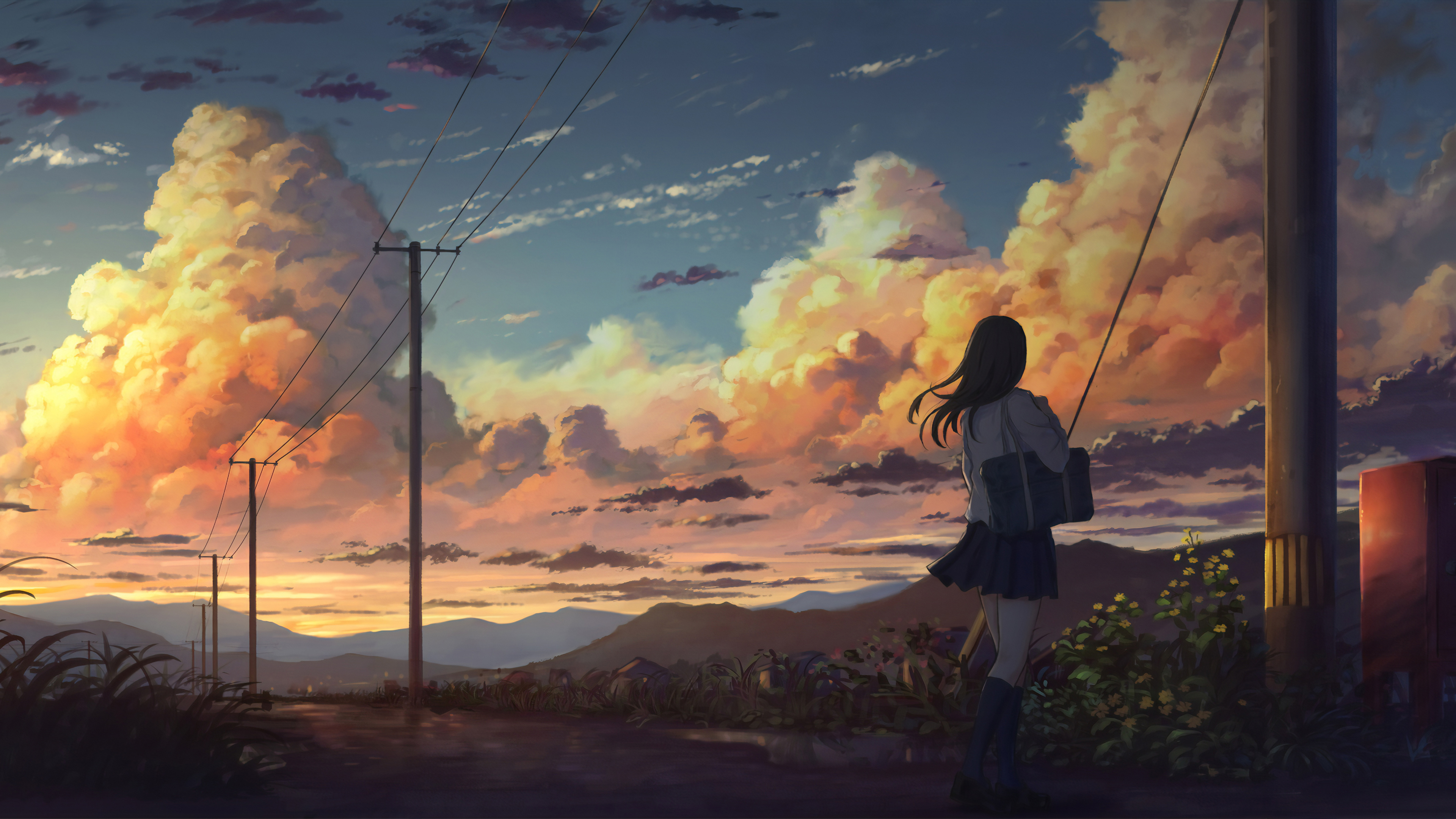 Wallpaper 4k Anime Girl Outside Power Lines Clouds Wallpaper