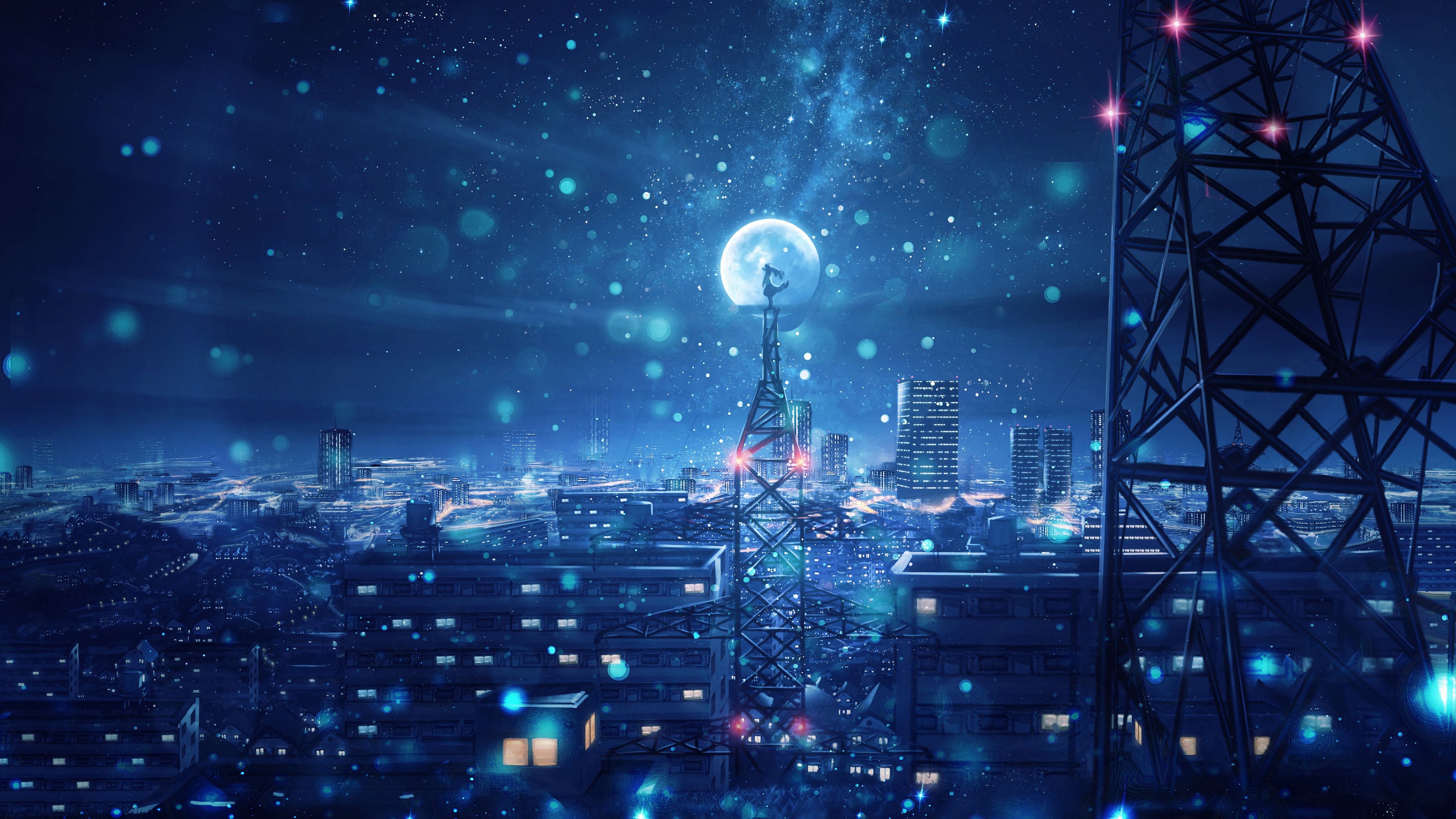 Wallpaper 4k Blue Night Big Moon Anime Scenery 4k Wallpapers