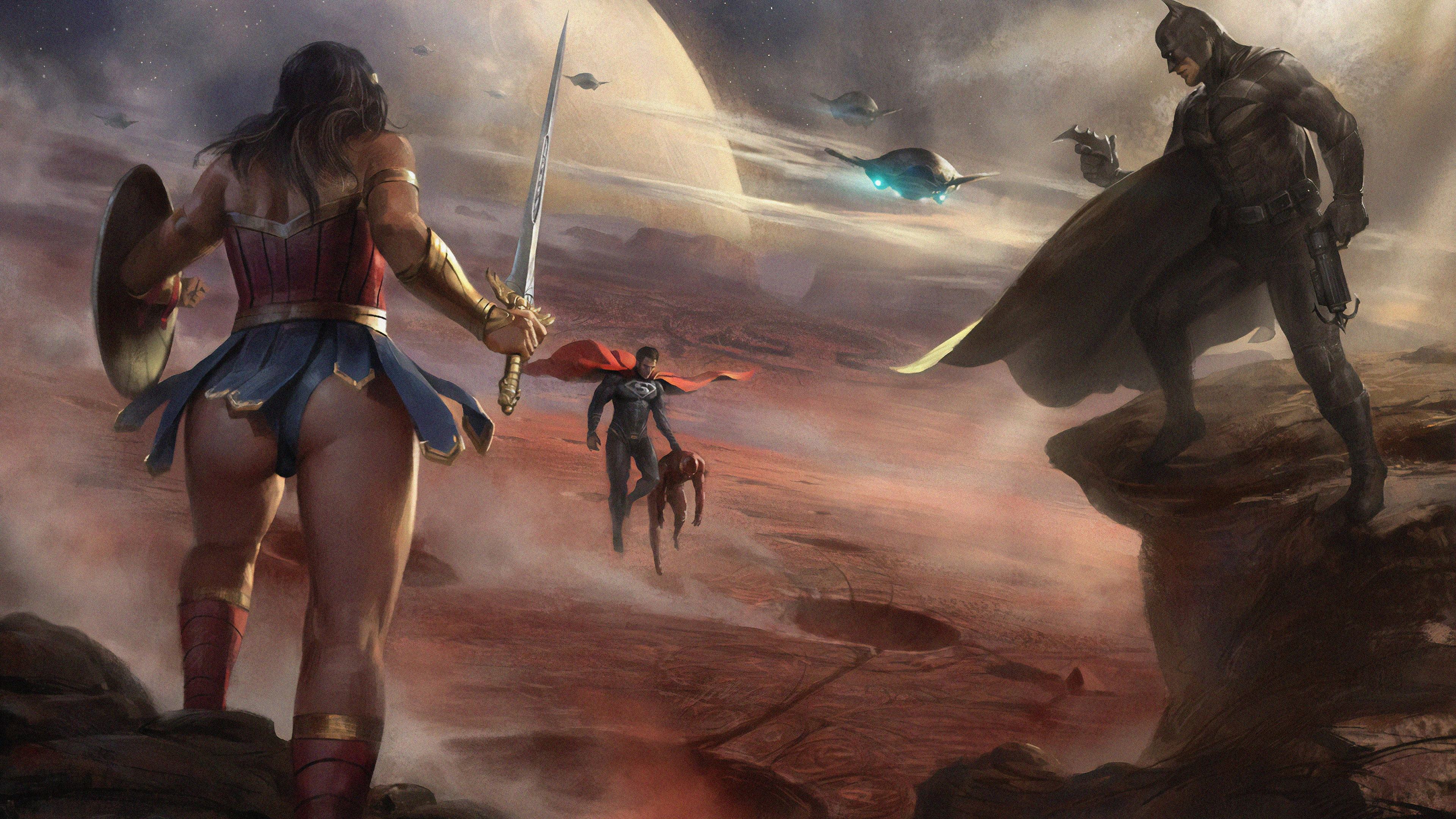 diana and bruce saving flash from superman 1563219808 - Diana And Bruce Saving Flash From Superman - wonder woman wallpapers, superman wallpapers, superheroes wallpapers, hd-wallpapers, digital art wallpapers, batman wallpapers, 4k-wallpapers