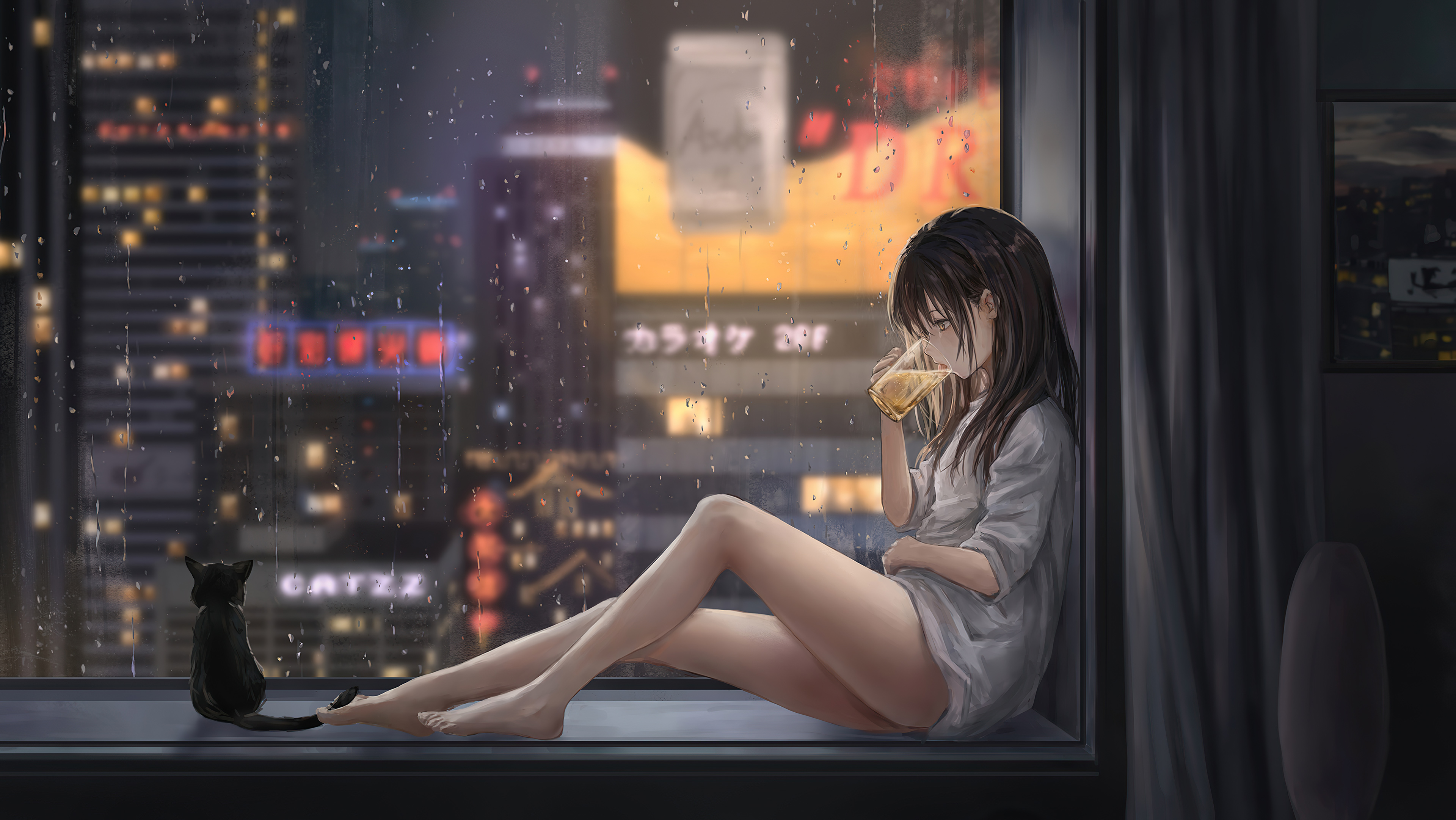 Anime Girl Cat Raining