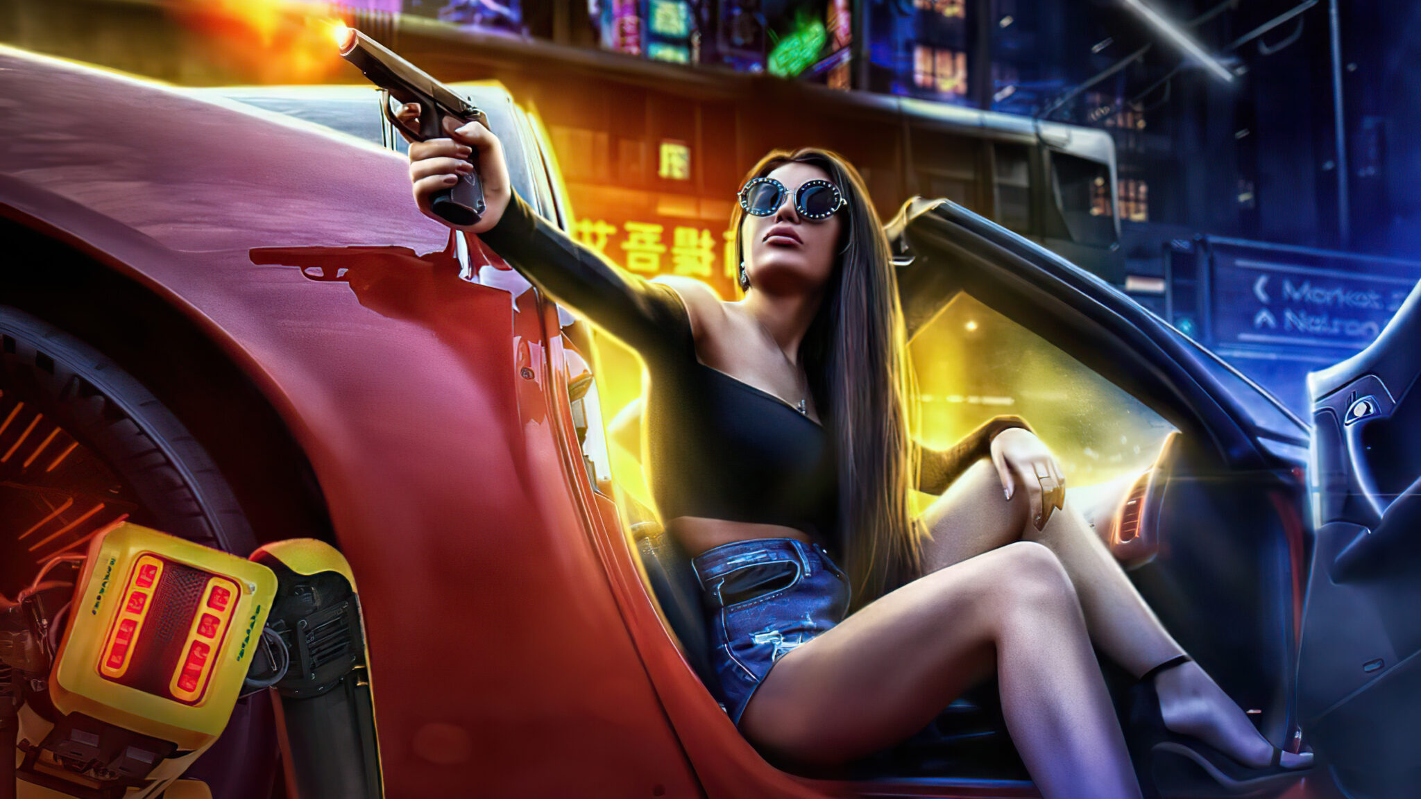 Girl With Gun In Car Pointing Gun Scifi 4k