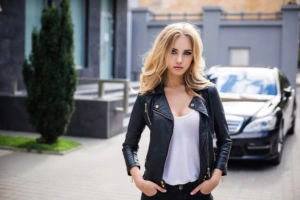 blonde girl leather jacket 4k 1653333686