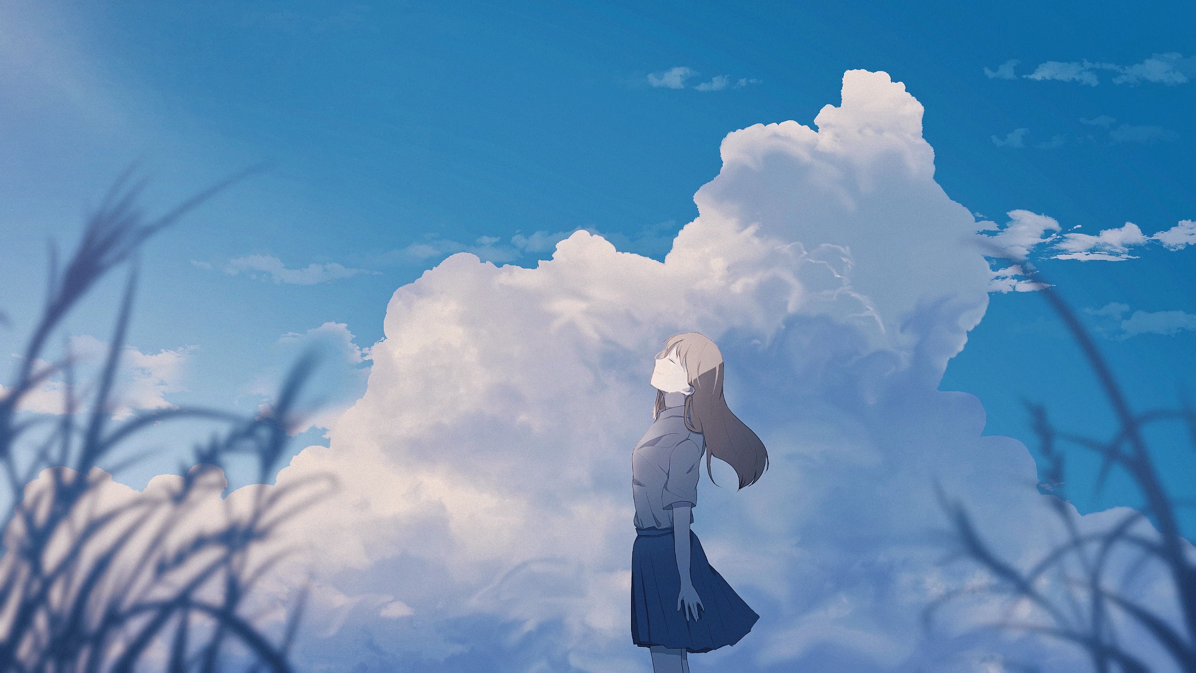 Wallpaper 4k girl, alone, smile, clouds, anime, art 4k Wallpaper