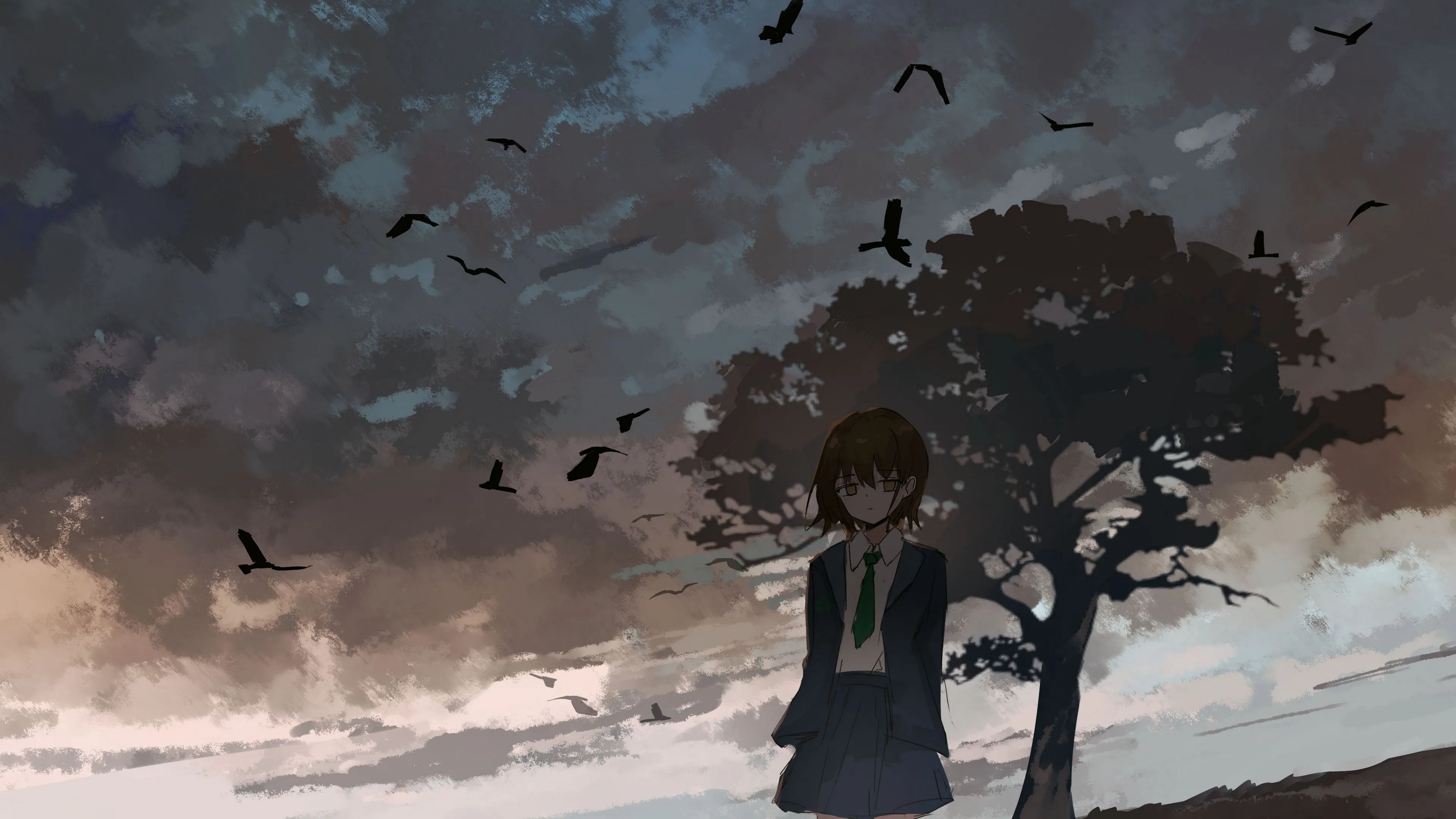girl alone tree birds anime art 4k 1660350018