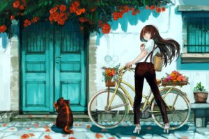 girl bike flowers anime art 4k 1660350652