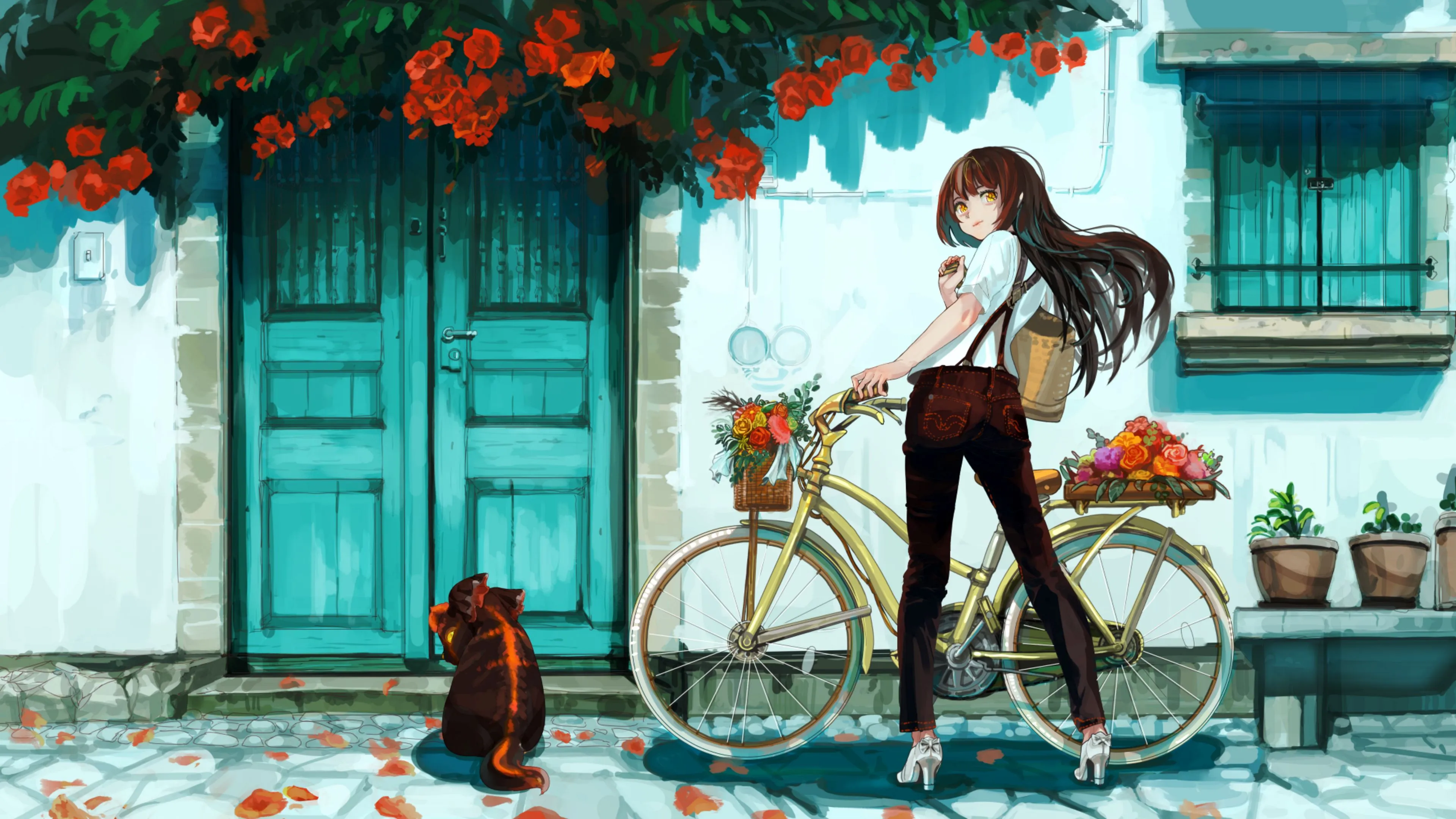 girl bike flowers anime art 4k 1660350652