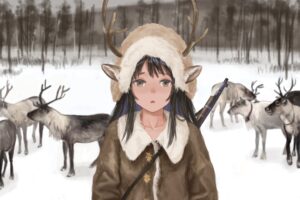 girl deer horns gun anime art 4k 1660349250