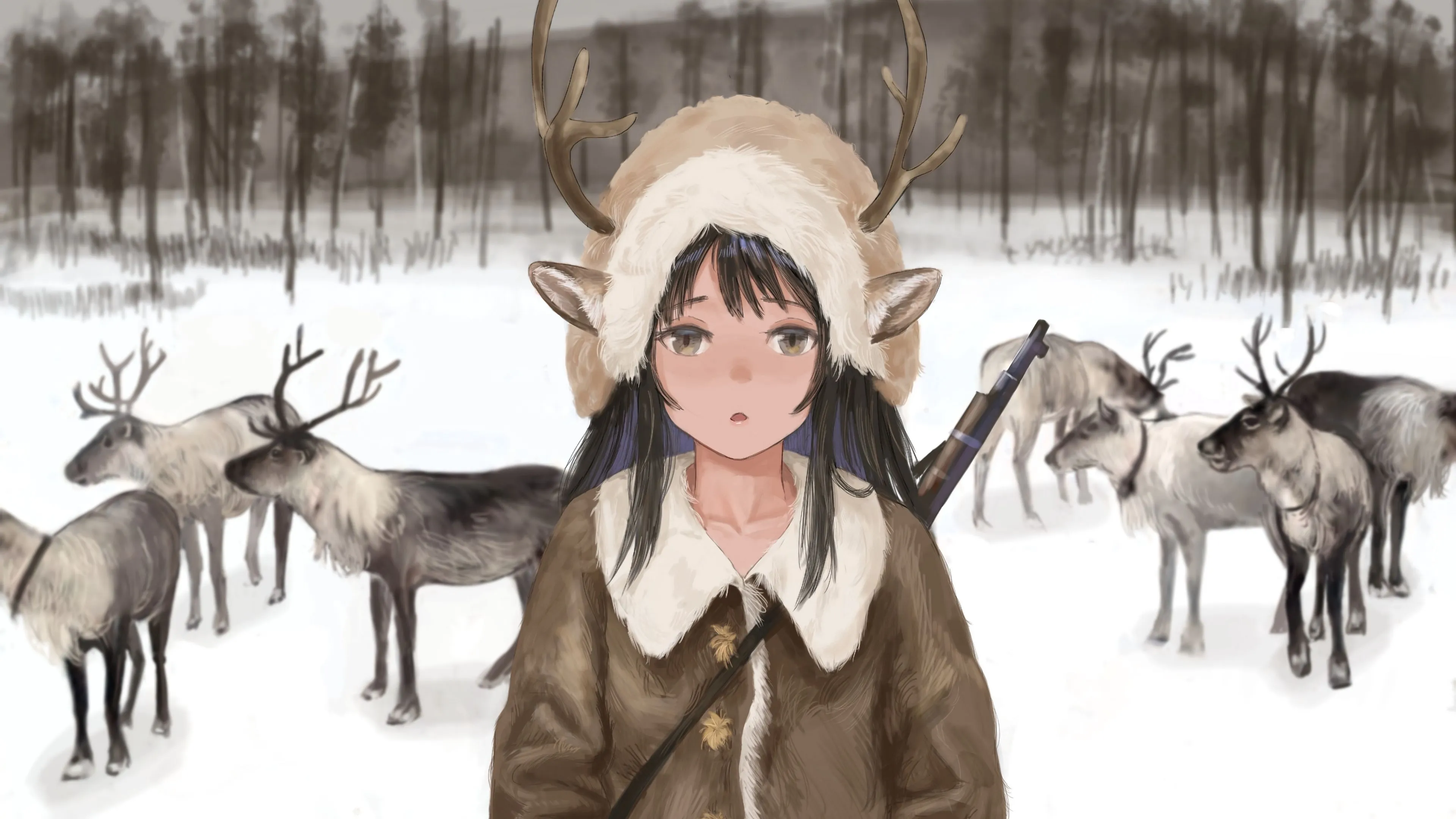 girl deer horns gun anime art 4k 1660349250