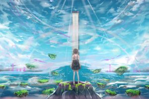 girl island building light rays anime art 4k 1660351451