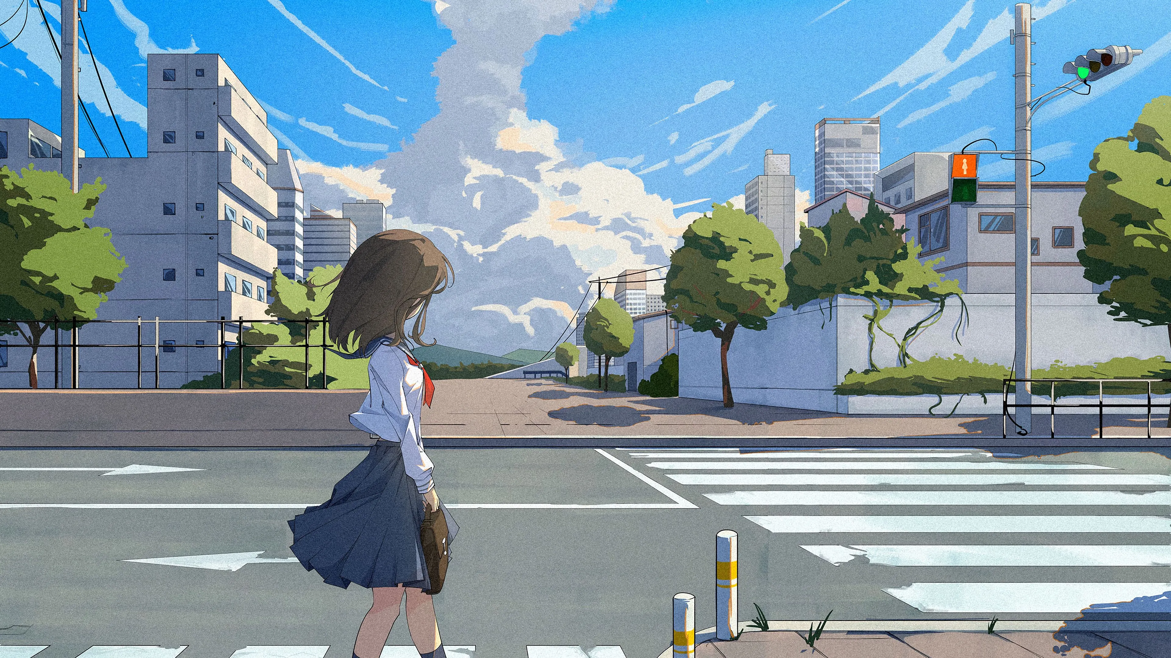 girl schoolgirl road anime art cartoon 4k 1660349772