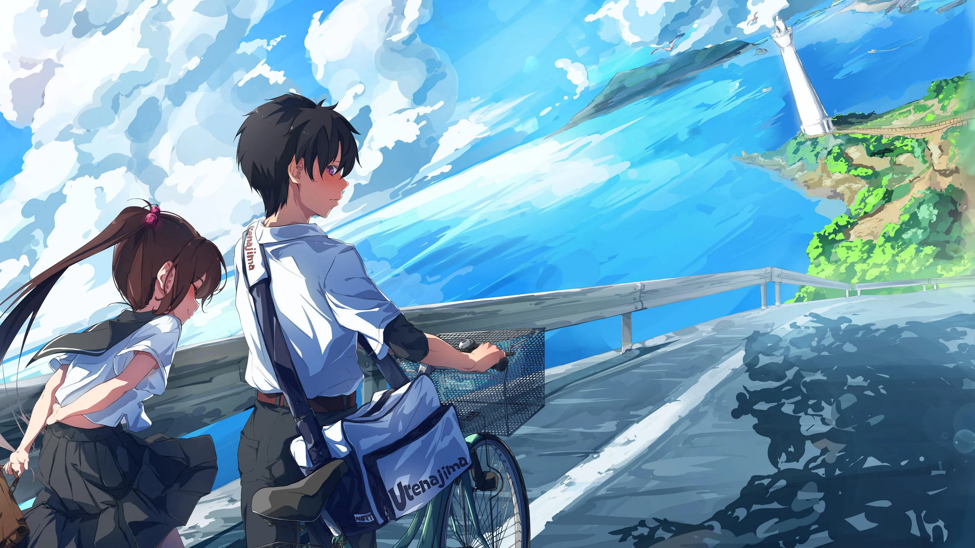 schoolchildren couple walk clouds anime art cartoon 4k 1660349192