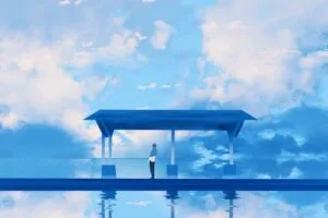 silhouette platform clouds anime art 4k 1660350030