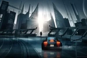 car sports car silhouette city cyberpunk futurism 4k 1691828527