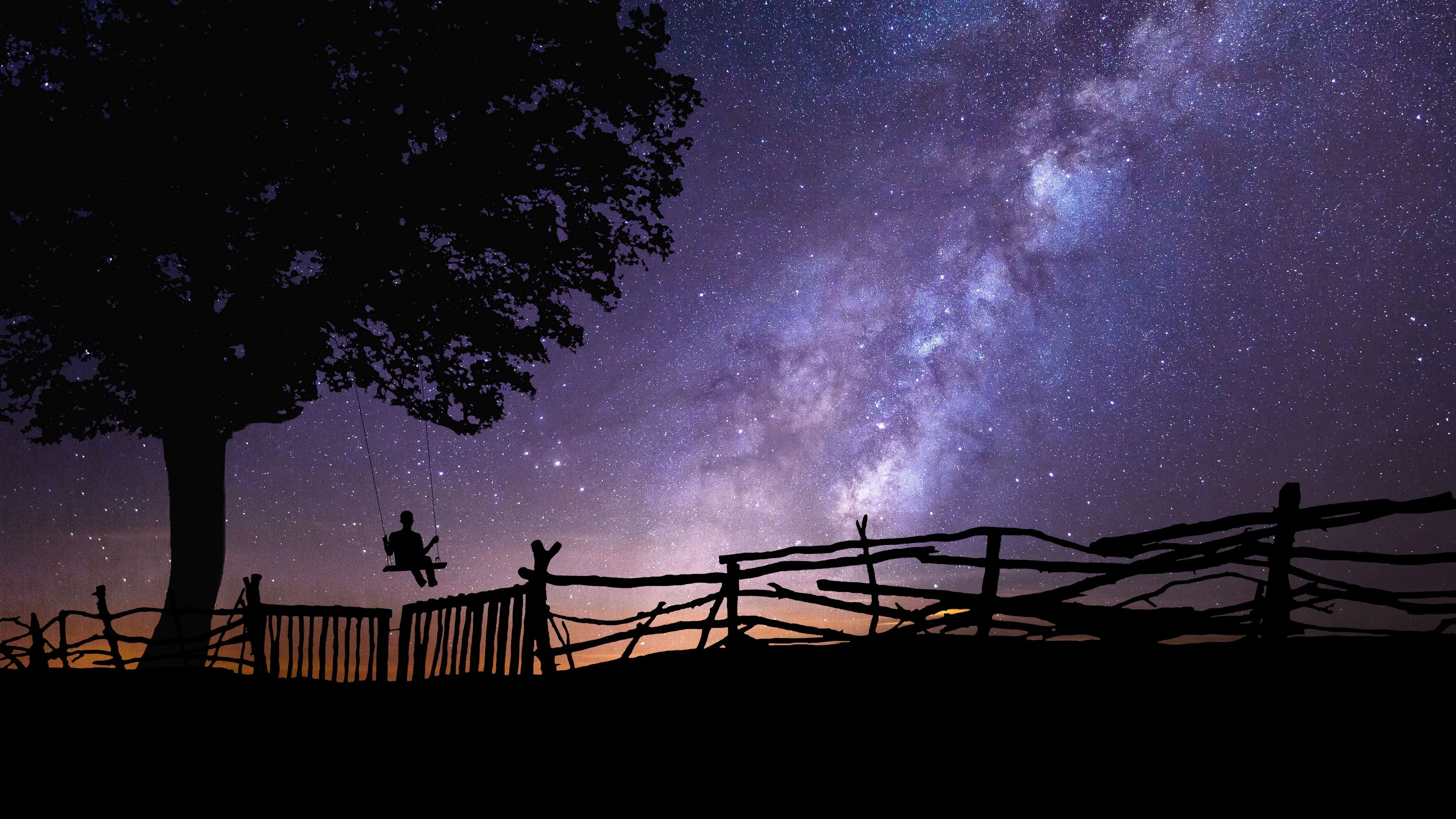 starry sky silhouette swing tree night 4k 1691839434