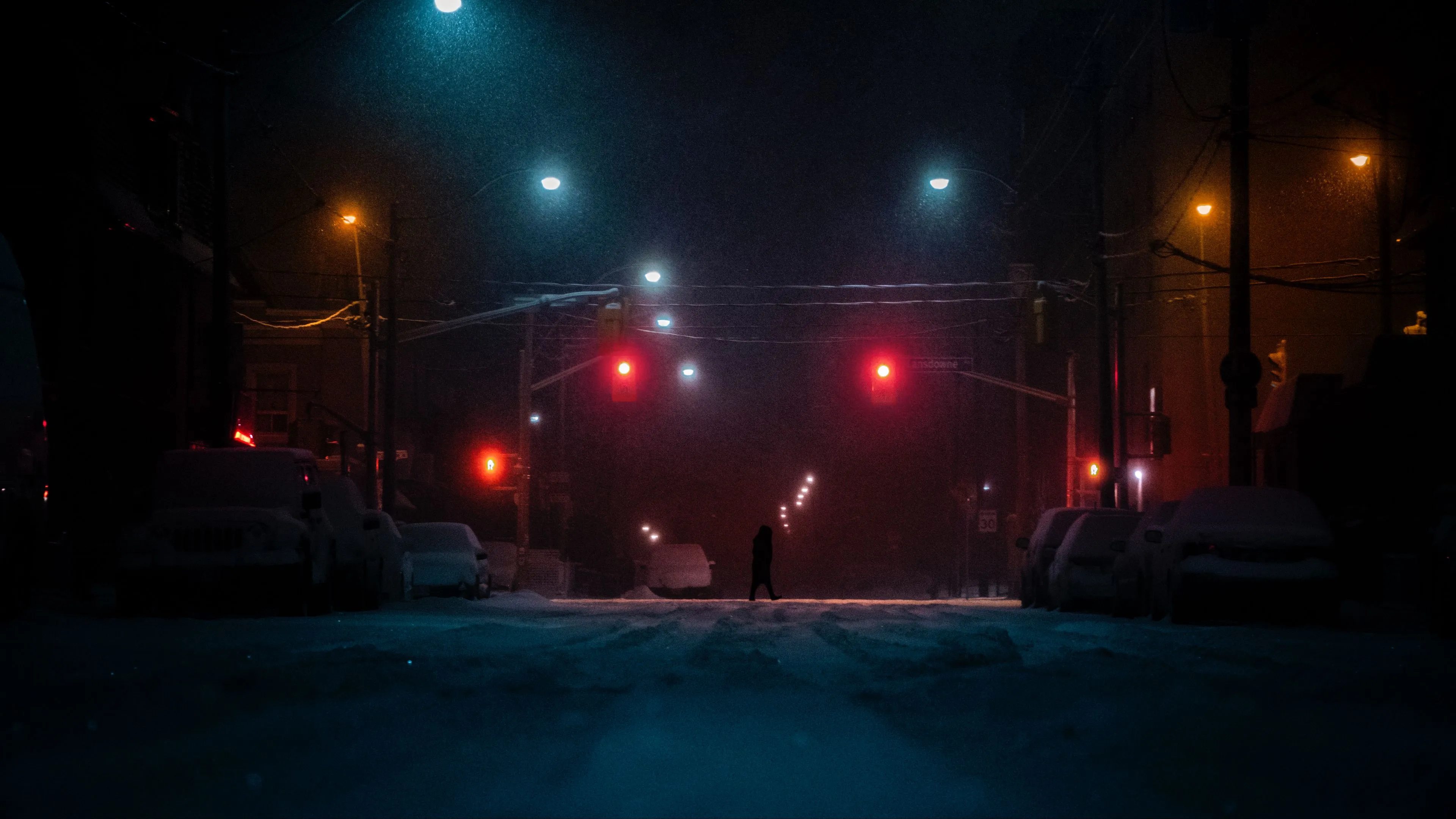 street silhouette dark night snow 4k 1692006754