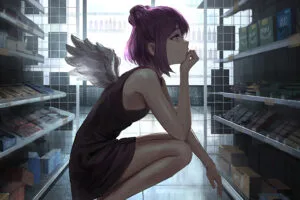 angel girl in grocery market with little wings 4k 1696100508
