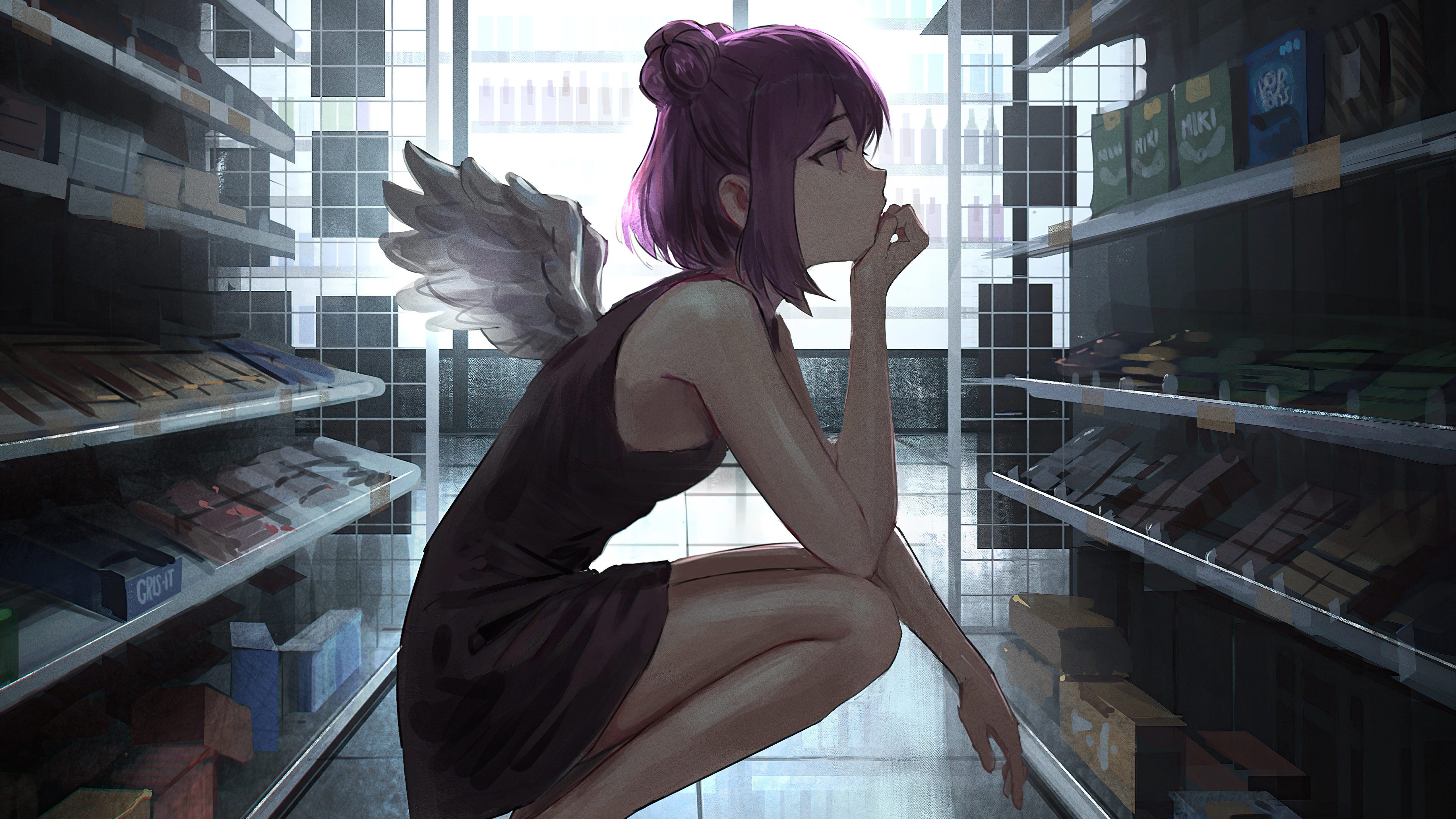 angel girl in grocery market with little wings 4k 1696100508