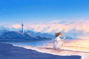 anime girl evening beach crescent moon 4k 1695927344