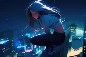 anime girl sitting above the building 4k 1695906063
