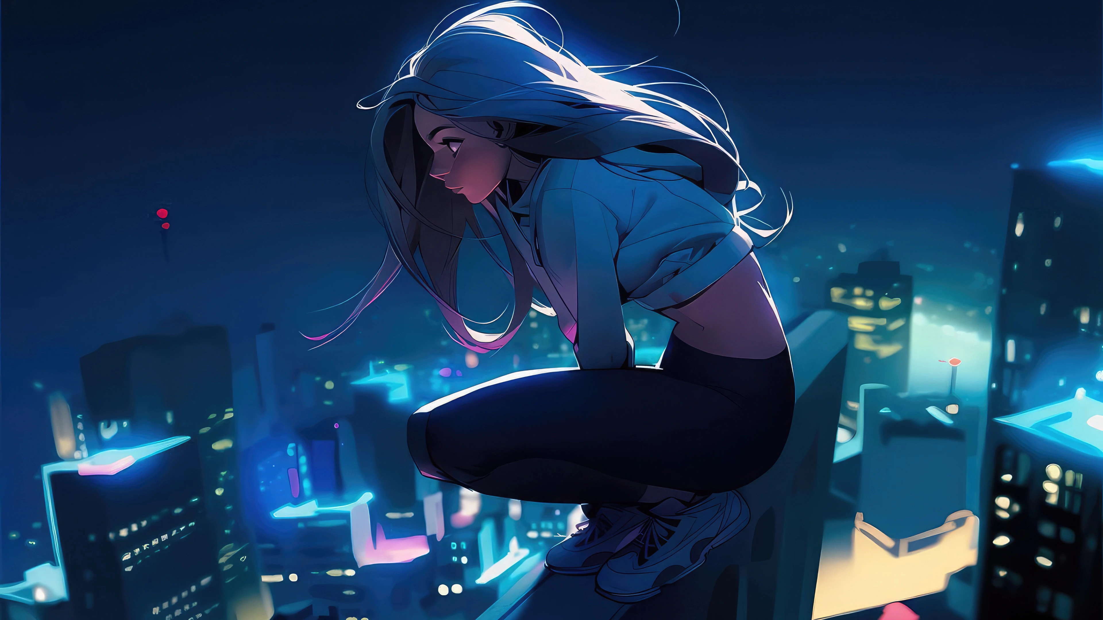 anime girl sitting above the building 4k 1695906063