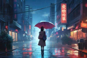 anime girl walking in rain umbrella 4k 1695943305