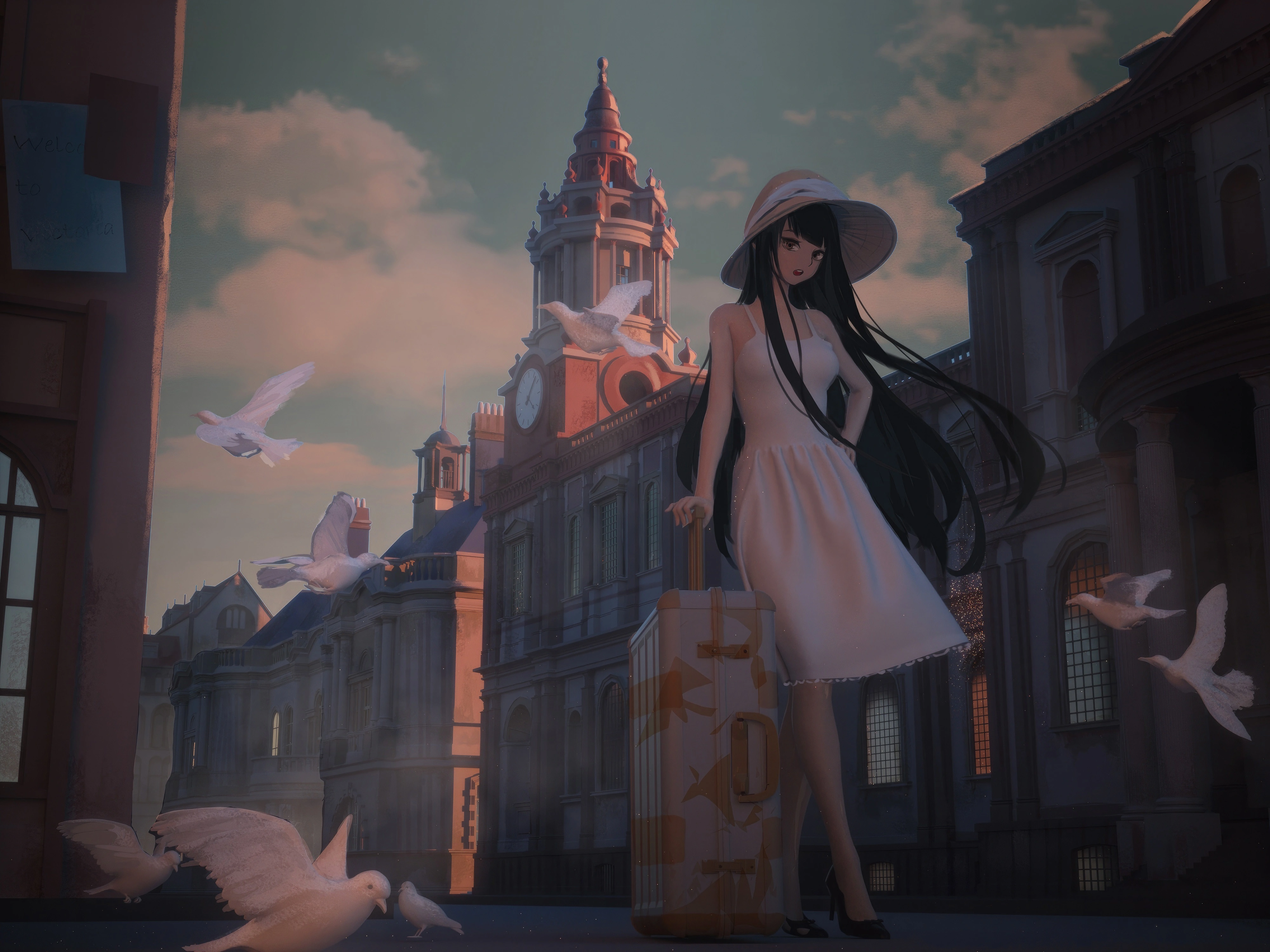 anime girl with a stylish suitcase cap strolls down the bustling street 4k 1695917615