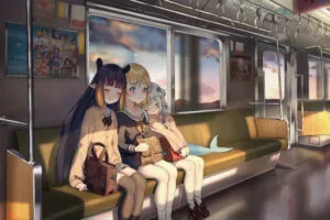 anime girls in train closed eyes smiling sailor uniform 4k 1695927344