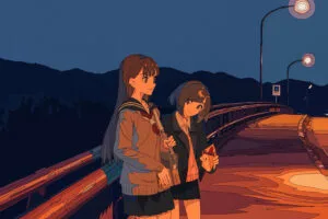 anime school girls sidewalks evning chatting 4k 1695917615