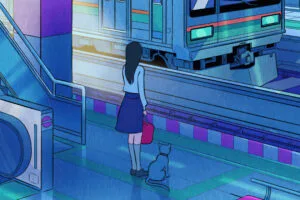 train station anime girl with cat 4k 1696011721